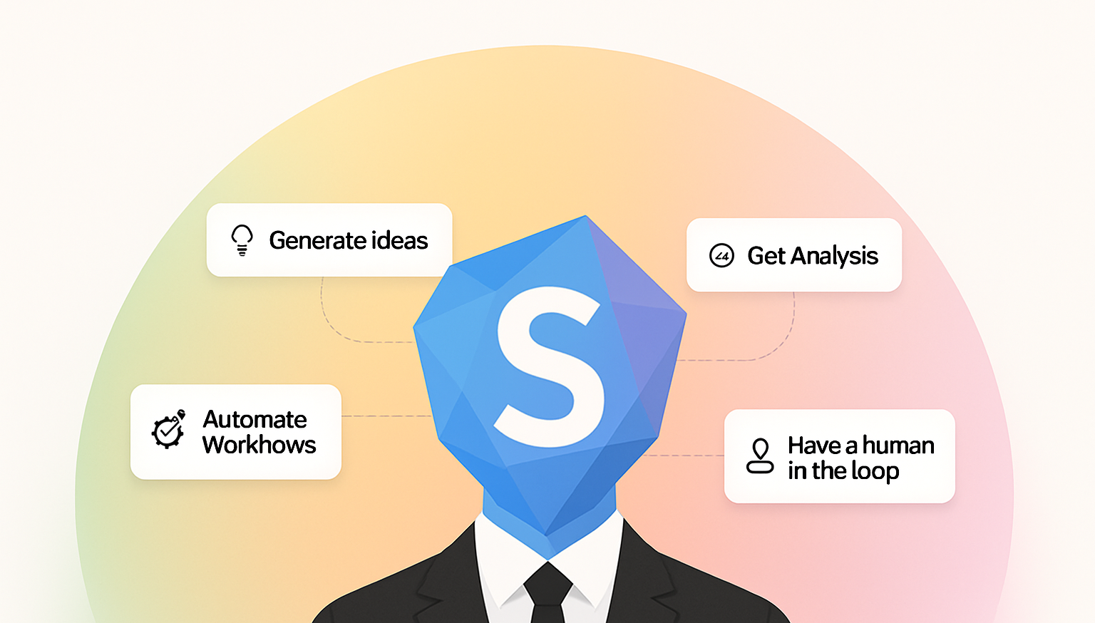 Abstract illustration of a figure with a crystalline S for a head, surrounded by feature callouts.